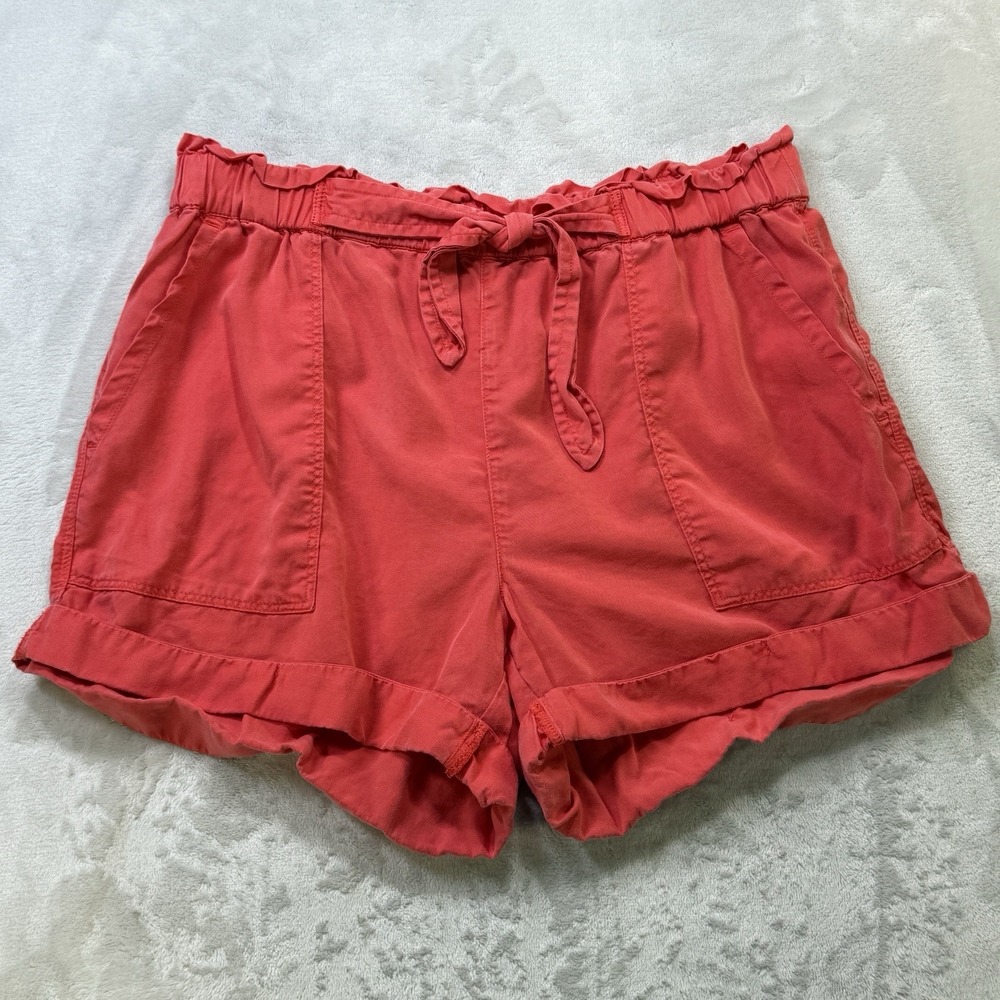 Aerie Women's Coral Paperbag Drawstring Shorts Size M Ruffle Hem Pockets